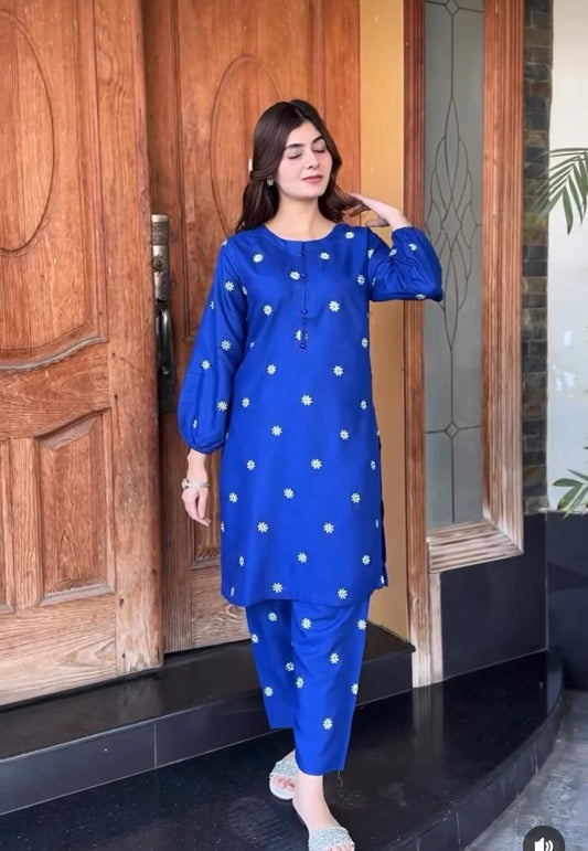 Linen Embroidered Fashion - Stitched - Blue