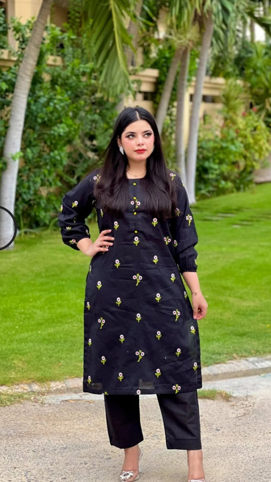 Embroidered Lawn Suit- Black Floral Embroidery- Party Style