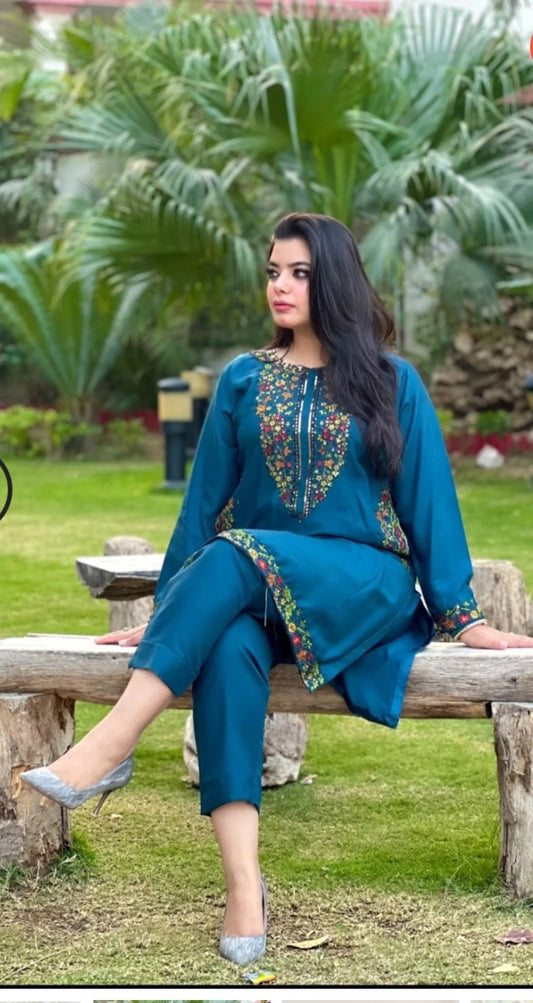 Embroidered Ladies Linen Suit- Neck Embroidery- Party Style - Zink